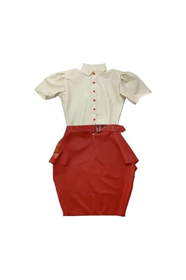 IDOBLO Robe en Latex Manches Bouffantes Chemise en Caoutchouc Vêtements Crayon Mini Robe,Blanc Et Rouge,X-Grand