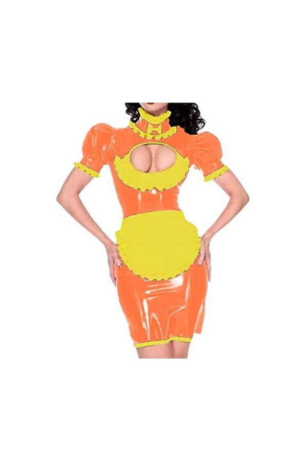 UUKR Sissy Maid robe Pvc Costume Cosplay Uniformes Costume Wetlook ClubWear Sleeve Sleeve Shiny Puathe Sexy Maid Jolie Fantai