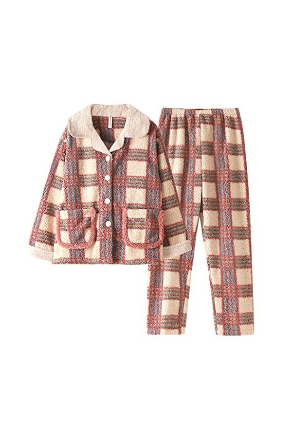 Pyjamas Chauds Pyjamas épais dhiver Pyjamas à Manches Longues Pyjamas dautomne décontractés Rétro Corail Polaire Dormir Co