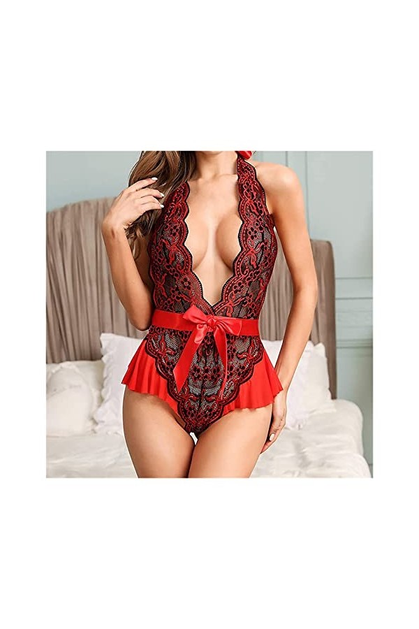 KJGLW Body Une pièce for Femmes de Grande Taille en Dentelle Bicolore Pyjama à col en V Profond sous-vêtement Une pièce Colo