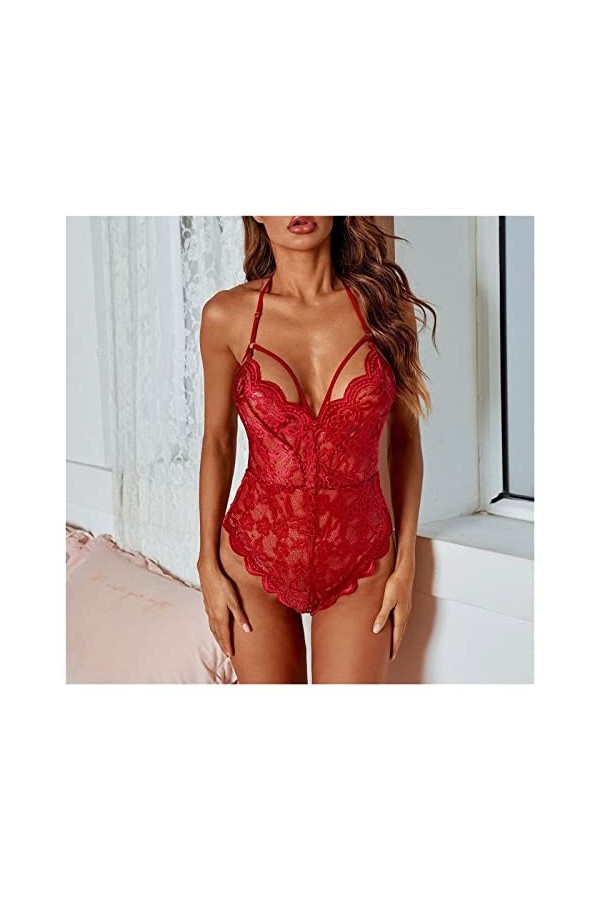 KJGLW Lingerie de détente Dos Nu Sexy for Femme Lingerie Transparente en Dentelle Licou Combinaison Pyjama sous-vêtement Une