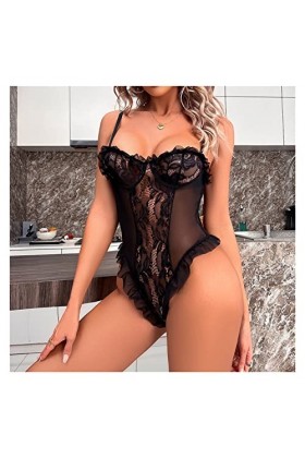 MJWDP Bodys de Profondeur V Sexy Lingerie Hollow Out Sleepwear Sex Unwear One Piece Night Robe Color : Svart, Size : S Code 