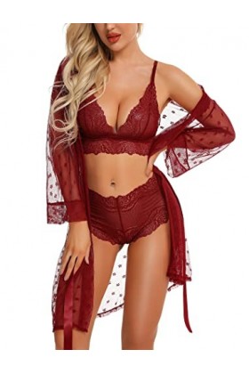 RSLOVE Ensemble de Lingerie Féminine Sexy Robe Kimono en Dentelle 3 Pièces avec Soutien-Gorge et Culotte Ensemble de Vêtement