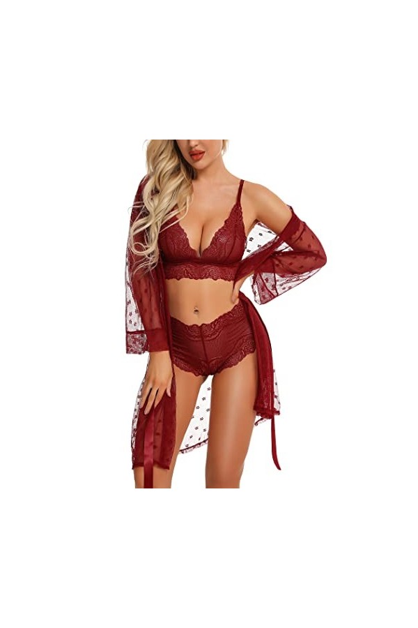RSLOVE Ensemble de Lingerie Féminine Sexy Robe Kimono en Dentelle 3 Pièces avec Soutien-Gorge et Culotte Ensemble de Vêtement