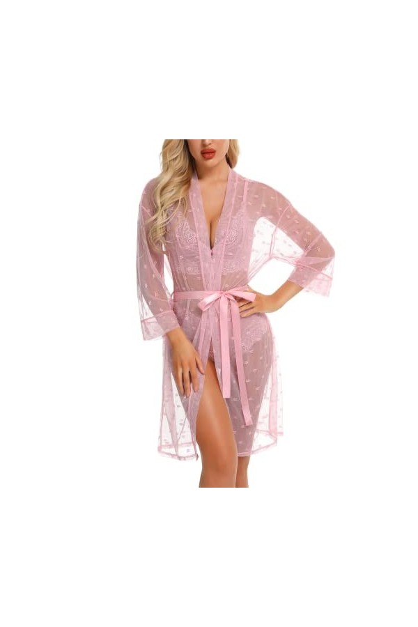 RSLOVE Ensemble de Lingerie Féminine Sexy Robe Kimono en Dentelle 3 Pièces avec Soutien-Gorge et Culotte Ensemble de Vêtement