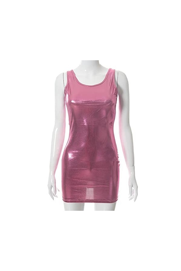 TKFDC Robe de corps métallique en cuir breveté sexy tenues sexy for la fête de fête des mini robes sans manches Color : A, S