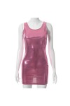TKFDC Robe de corps métallique en cuir breveté sexy tenues sexy for la fête de fête des mini robes sans manches Color : A, S