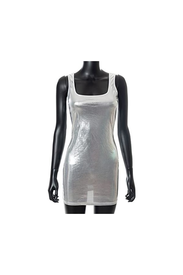 TKFDC Robe de corps métallique en cuir breveté sexy tenues sexy for la fête de fête des mini robes sans manches Color : A, S