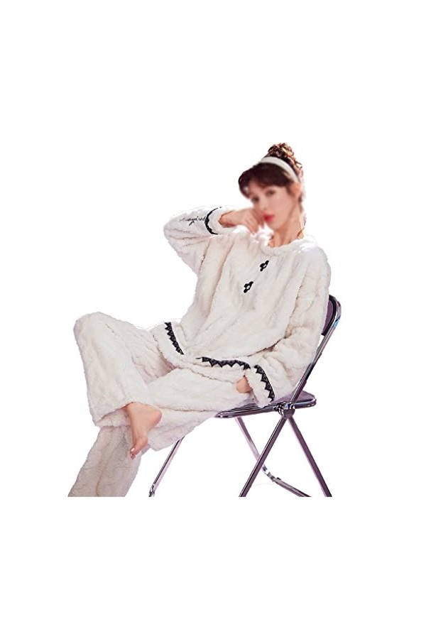 Pyjamas épais pour Femmes Pyjamas dhiver Mignons Ensemble de Pyjamas en Molleton de Corail Pyjamas Chauds Pyjamas Blancs Co