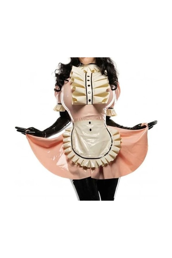 PODSI Sexy French Maid Latex Dress Zipper Back Tablier à Manches Courtes avec Larges Volants Garnitures,Bleu Et Noir Blanc,XX