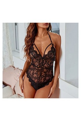 TKFDC Lingerie de détente Dos Nu Sexy for Femme Lingerie Transparente en Dentelle Licou Combinaison Pyjama sous-vêtement Une 