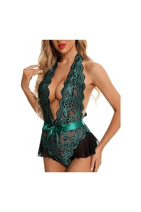 TKFDC Body Une pièce for Femmes de Grande Taille en Dentelle Bicolore Pyjama à col en V Profond sous-vêtement Une pièce Colo