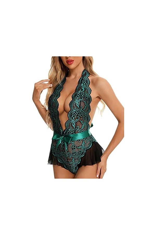 TKFDC Body Une pièce for Femmes de Grande Taille en Dentelle Bicolore Pyjama à col en V Profond sous-vêtement Une pièce Colo