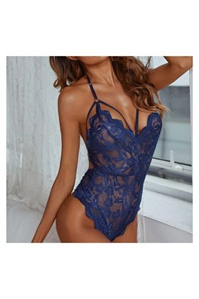 TKFDC Lingerie de détente Dos Nu Sexy for Femmes Lingerie Transparente en Dentelle Licou Combinaison Pyjama sous-vêtement Une