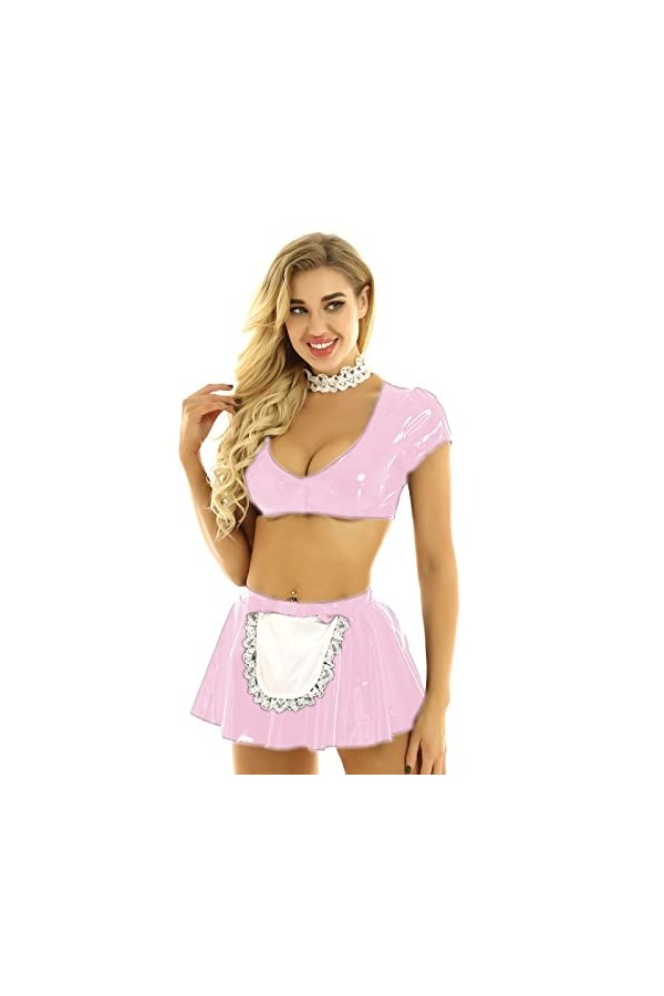 Robe de soubrette - Costume de jeu de rôle - Coupe basse - Bordure en dentelle - Lingerie en PVC - Costume sexy - Vert clair 