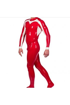 Combinaison de course en latex 100 % caoutchouc rouge et blanc cousu à la main 0,4 mm XS à XXL Rouge L