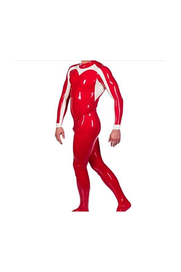 Combinaison de course en latex 100 % caoutchouc rouge et blanc cousu à la main 0,4 mm XS à XXL Rouge L