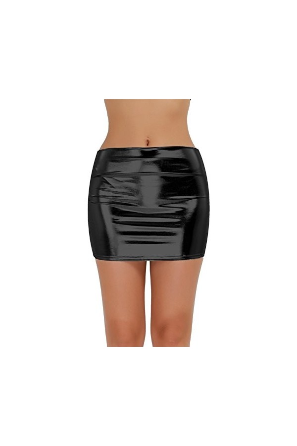 Kaerm Jupe Courte Sexy Femme Cuir Latex Brillant Mini Jupe Moulante Taille Basse Soirée Club Bar Clubwear Noir Taille Unique
