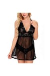 EVBEA Femmes Sexy Lingerie Nuisette Col V Ouverte Bretelles Dos Nu Dentelle Transparent String Ensemble Lingerie Femme, Black