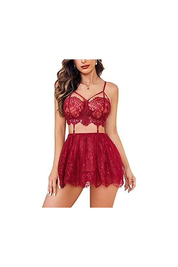 HOTSO Sexy Femme Ensemble Lingerie Jarretière avec Porte Jarretelles Dentelle Soutien-Gorge et Culotte Ensemble, sous-Vêtemen
