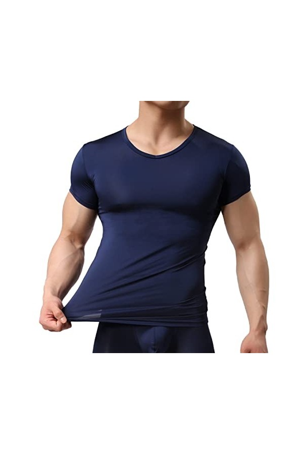 Tanga Sous-vêtements érotiques sexy pour homme en soie glacée T-shirt à manches courtes ultra fin et transparent Mode dété S