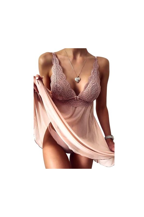Joligiao Femmes Lingerie Nuisette en Dentelle Sexy Col V Bretelles Ensemble Lingerie Transparent String Babydoll Vetements de