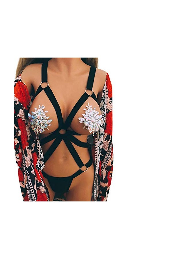 Junhasgood Femmes Corps Harnais Pentagramme Femmes Strappy Sexy Cage Soutien-Gorge Bra Bandage Halter Out Appliques Elastic H