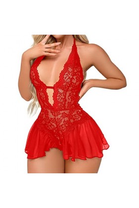 Lingerie sexy pour femme - Ensemble de sous-vêtements transparents - Nuisette - Ensemble de lingerie - Pyjamas en dentelle, R