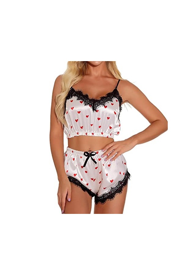 OIUHJN Ensemble crop top imprimé cœur lingerie sexy costumes shorts en dentelle lingerie body rouge femme, a, XL