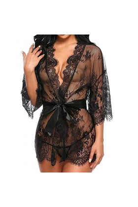 Tuopuda Femme Lingerie Sexy Lace Night Dress Suit Pajama Plus Size Bathrobe G-String Ensemble Lingerie EU 42, Noir 