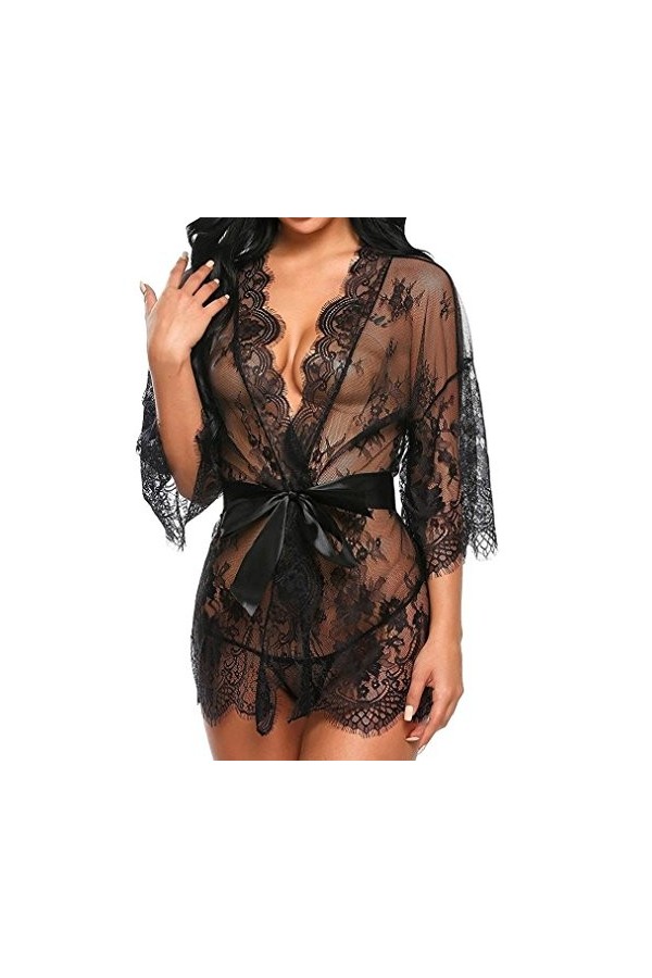 Tuopuda Femme Lingerie Sexy Lace Night Dress Suit Pajama Plus Size Bathrobe G-String Ensemble Lingerie EU 42, Noir 
