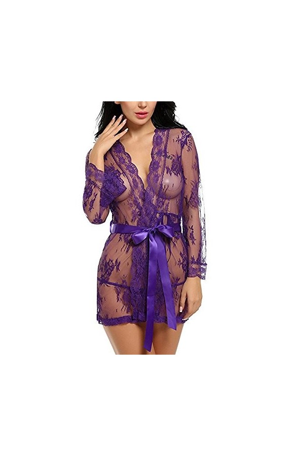 Tuopuda Femme Lingerie Sexy Lace Night Dress Suit Pajama Plus Size Bathrobe G-String Ensemble Lingerie EU 42, Noir 