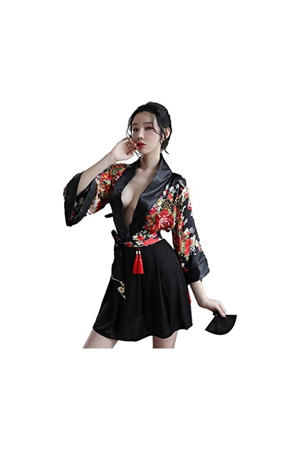 SINGUYUN Kimono japonais pour femme - Robe imprimée - Ensemble de lingerie sexy, Llt2213black, taille unique