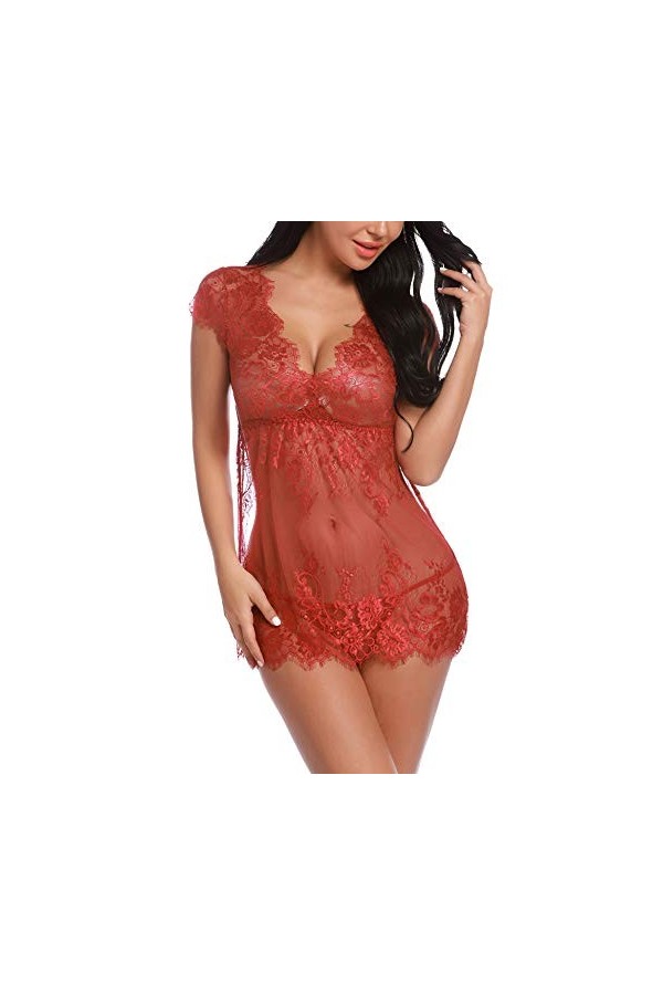 Sykooria Femmes Ensemble de Lingerie Erothique Sexy Dentelle Ensemble sous-Vêtement Nuisette String Femme V Col Sensuelle 2 p