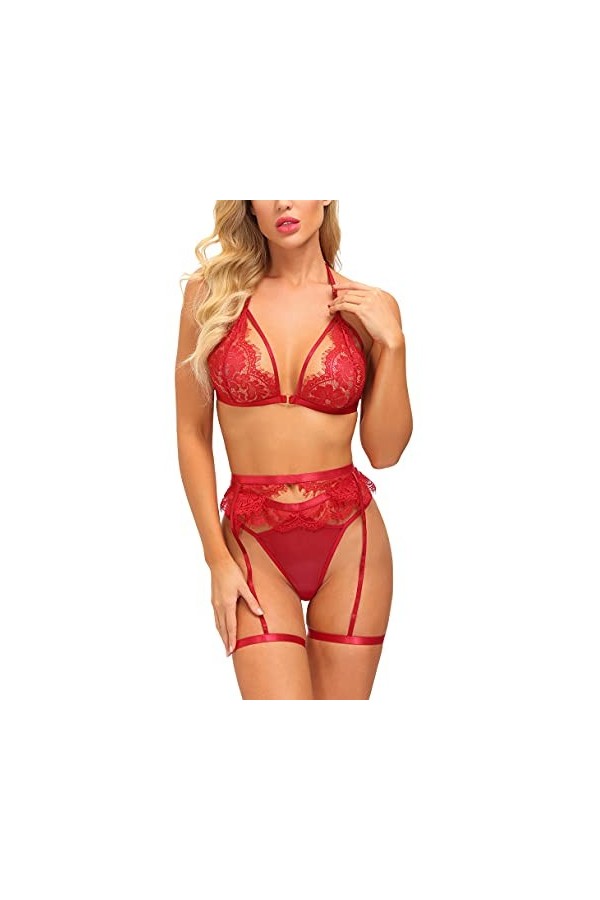 Sxybox Lingerie Femme Sexy Ensemble Dentelle Brassière Jarretière sous-Vêtement Porte-Jarretelles et G-String 3 Pieces