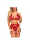 Sxybox Lingerie Femme Sexy Ensemble Dentelle Brassière Jarretière sous-Vêtement Porte-Jarretelles et G-String 3 Pieces