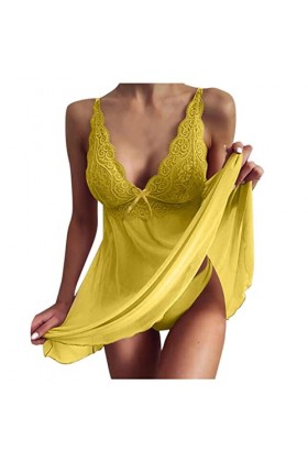 Pyjama Sous-vêtements Bretelles Dentelle Transparent Sexy Robe Femme Sous-vêtements Sexy Robe de Chambre Femme, jaune, L