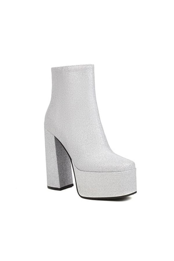 EXECAB Bottines à plateforme à paillettes pour femmes, talons épais sexy de 13,5 cm, bout rond, talons hauts de fête de maria