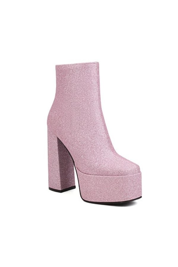 EXECAB Bottines à plateforme à paillettes pour femmes, talons épais sexy de 13,5 cm, bout rond, talons hauts de fête de maria