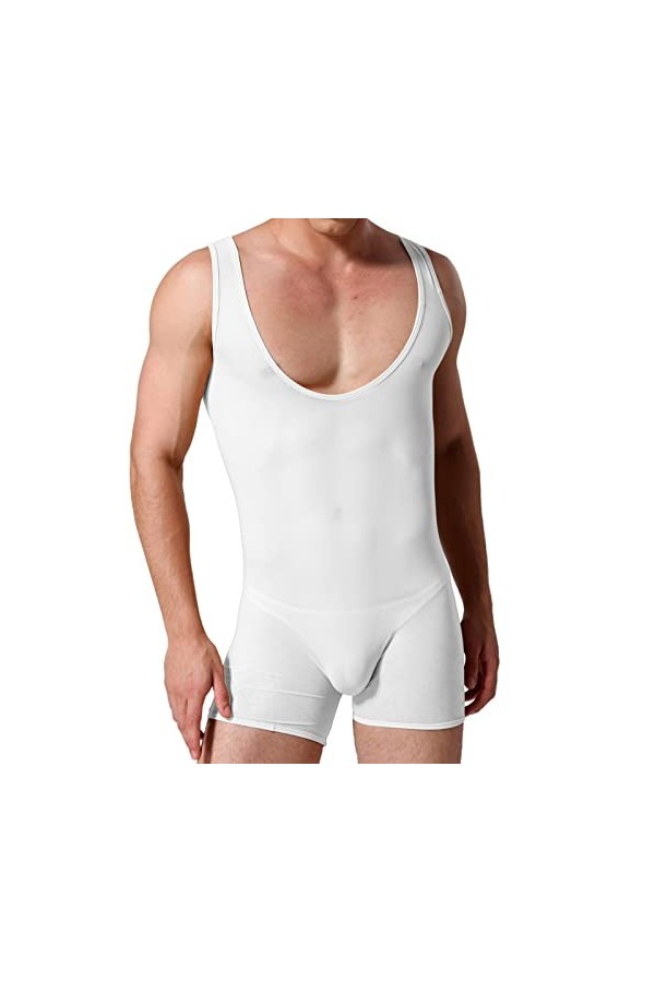 Duohropke Body de lutte pour homme - Maillot de corps une pièce - Sous-vêtement de sport - Boyleg, Blanc., XL