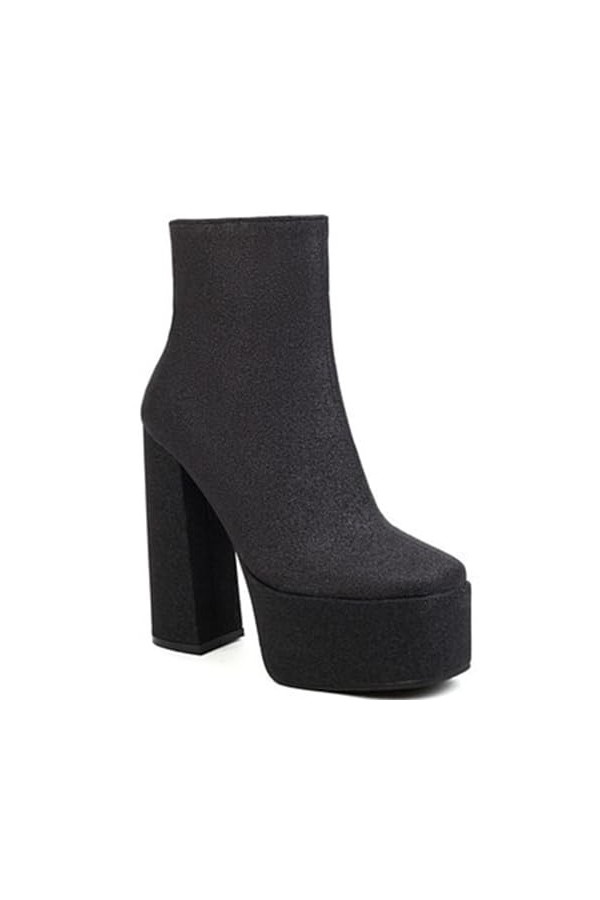 EXECAB Bottines à plateforme à paillettes pour femmes, talons épais sexy de 13,5 cm, bout rond, talons hauts de fête de maria