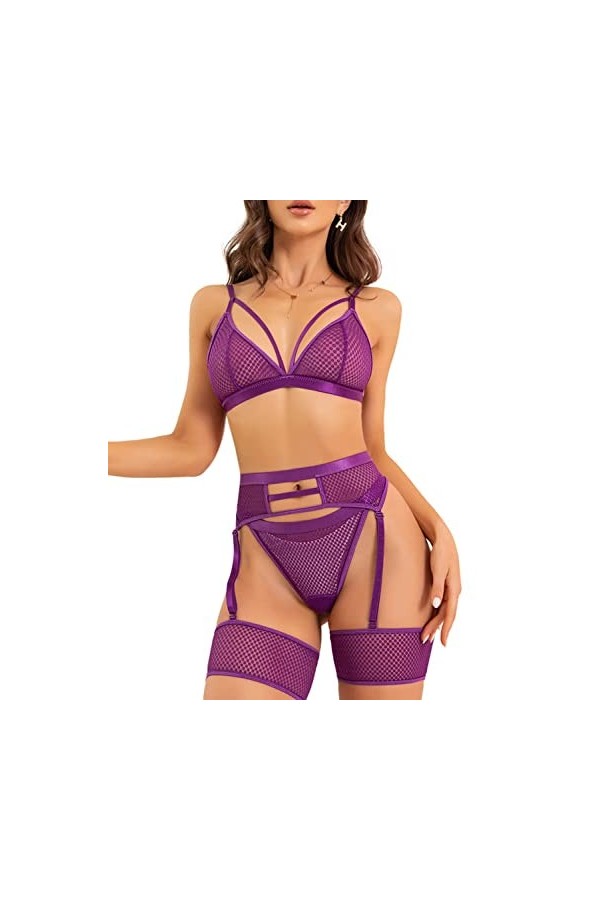 Ensemble de Lingerie Sexy en Dentelle pour Femme - Soutien-Gorge en résille et Culotte Taille Haute - sous-vêtements en Maill
