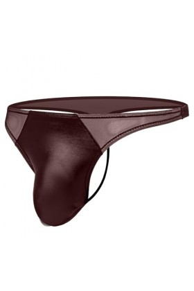 MEGAHERZ Culottes érotiques pour Hommes String en Cuir Verni Transparent avec Maille en Forme de T Café,M 