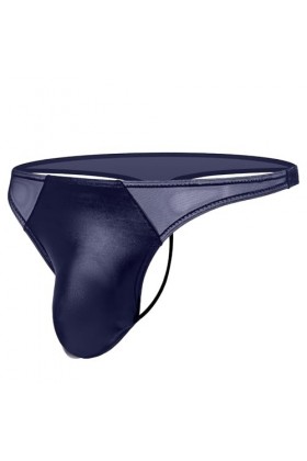 MEGAHERZ Culottes érotiques pour Hommes String en Cuir Verni Transparent avec Maille en Forme de T Bleu Saphir,L 