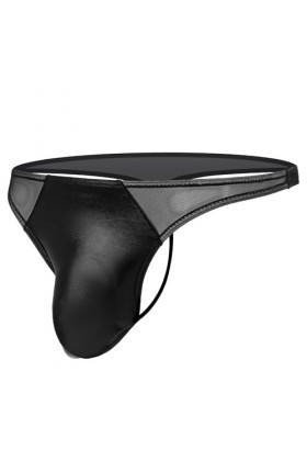 MEGAHERZ Culottes érotiques pour Hommes String en Cuir Verni Transparent avec Maille en Forme de T Noir,XL 