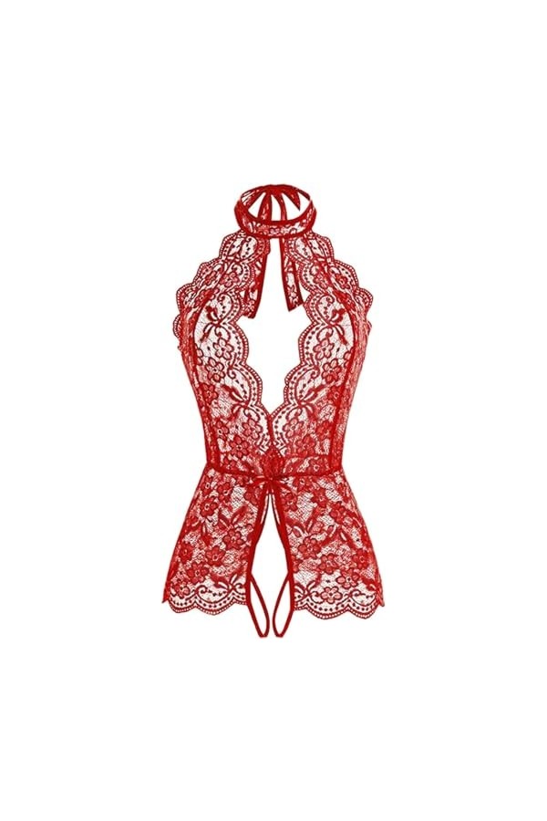 compulsoryking Pyjama sexy transparent pour femme avec bordure en dentelle ajourée, rouge, S