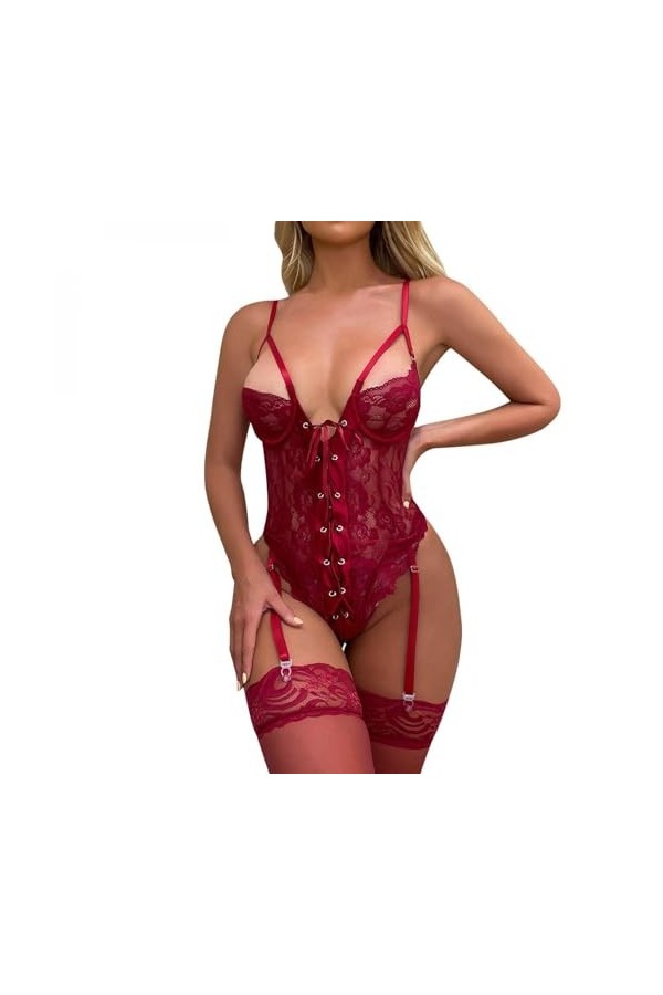 Pyjama sexy transparent pour femme - Chemise de nuit en dentelle creuse - Sous-vêtements transparents sans porte-jarretelles,