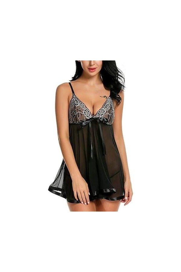 Robe pyjama sexy à bretelles transparentes pour femme avec bordure en dentelle et sous-vêtements en maille transparente avec 