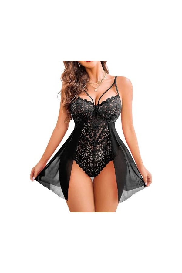 Robe pyjama sexy à bretelles transparentes pour femme - Lingerie pour bébé - Bordure en dentelle - Sous-vêtements en maille t