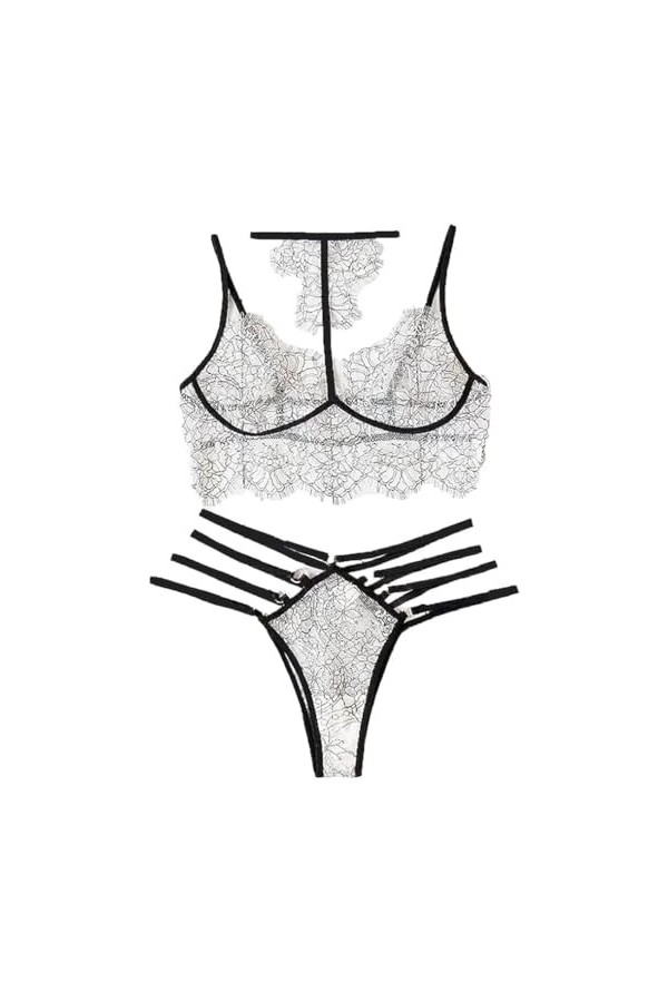 compulsoryking Combinaison sexy en dentelle pour femme 2 pièces Transparent, rose, M